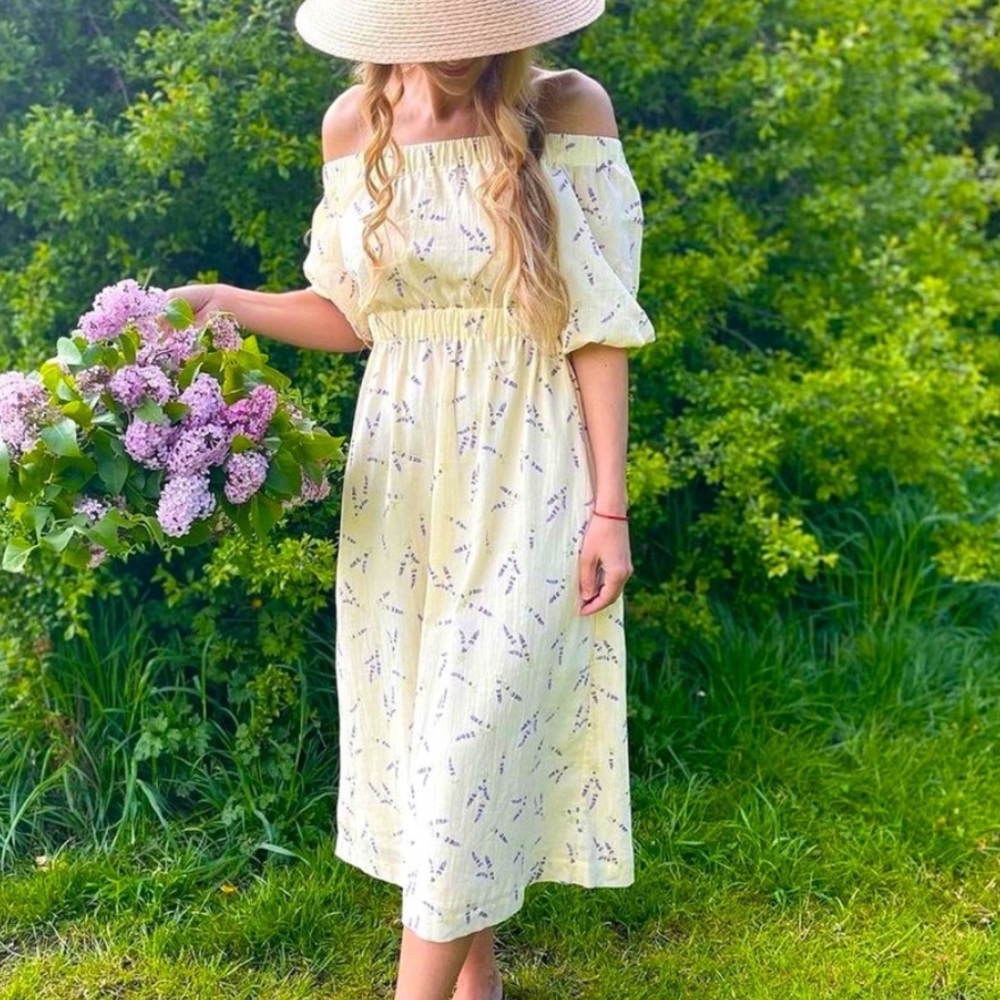 H&M x Wildflower Collection DRESS Boho Cotton Lavender Off-the-shoulder NWT